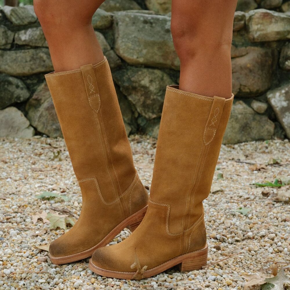 Free People Blaze Pull On Boot in Toffee Suede knee high leather heeled cowboy